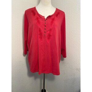 Women's Charter Club Red 3/4 Sleeve Pullover Blouse Button V Neck Line Size 2X‎